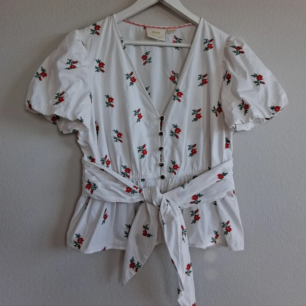 Anthtopologie Maeve Rosalie Embroidered Blouse White Poplin Cotton